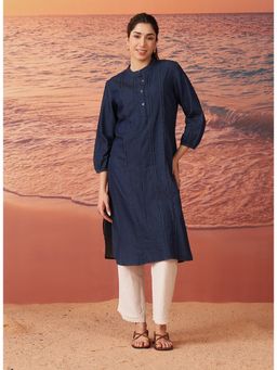 Lakshita - Women Navy Blue Monochrome Denim Kurta