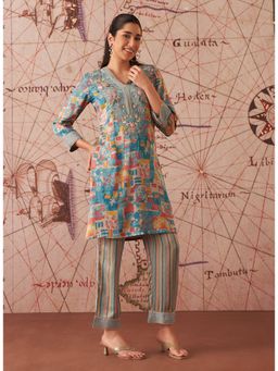 Lakshita - Blue Printed Satin Kurta And Pant (Set of 2)