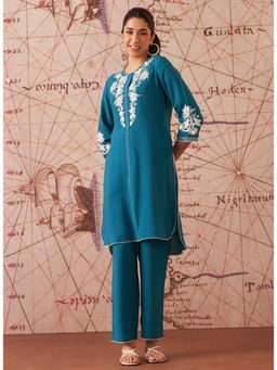 Lakshita - Teal Blue Embroidered Co-Ord And Pant (Set of 2)