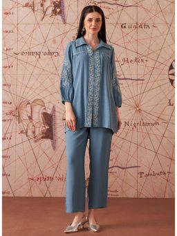 Lakshita - Navy Embroidered Rayon Co-Ord And Pant (Set of 2)