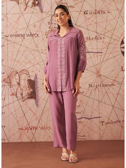 Lakshita - Purple Lilac Embroidered Rayon Co-Ord And Pant (Set of 2)