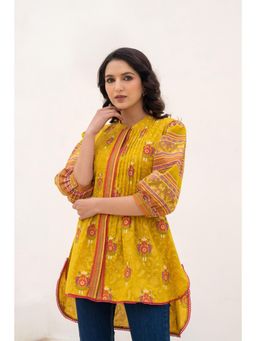 Juniper - Yellow Printed Pleated Puff Sleeves Tunic