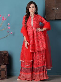 Ethnovog - Red Chinon Printed Kurta With Palazzo And Dupatta (Set of 3)