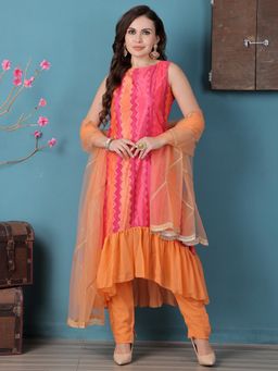 Ethnovog - Multicolor Chinon Asymmetrical Kurta With Pant And Dupatta (Set of 3)
