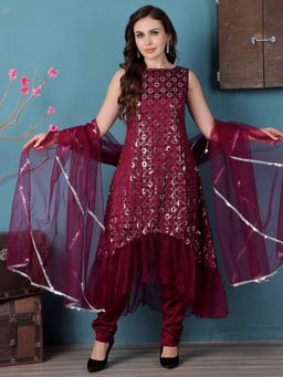 Ethnovog - Wine Georgette Asymmetrical Kurta With Pant And Dupatta (Set of 3)