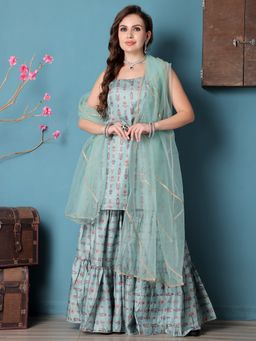 Ethnovog - Green Art Silk Printed Kurta With Sharara And Dupatta (Set of 3)
