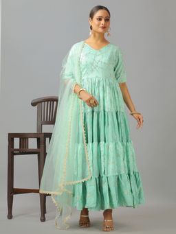 Ethnovog - Classic Green Embroidered Anarkali Kurta With Pant And Dupatta (Set of 3)