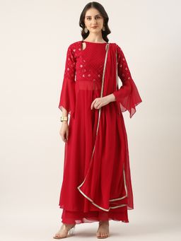 Ethnovog - Red Georgette Embroidered Kurta With Palazzo And Dupatta (Set of 3)