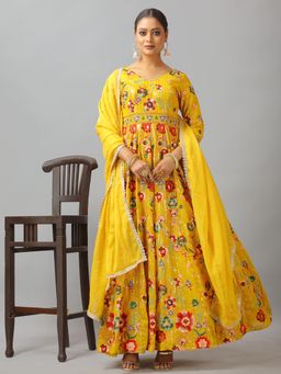 Ethnovog - Classic Top N Yellow Embroidered Anarkali Kurta With Pant And Dupatta (Set of 3)
