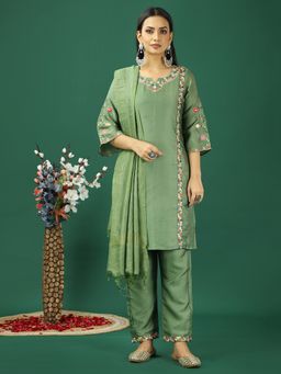 Ethnovog - Green Art Silk Embroidered Kurta With Pant And Dupatta (Set of 3)