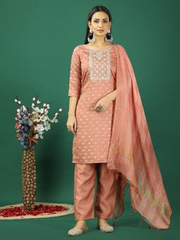 Ethnovog - Peach Art Silk Embroidered Kurta With Pant And Dupatta (Set of 3)