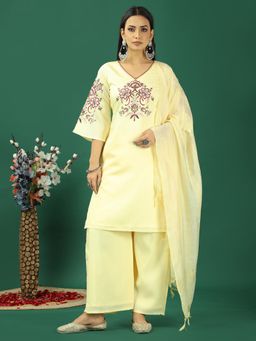 Ethnovog - Yellow Art Silk Embroidered Wide Leg Kurta With Palazzo And Dupatta (Set of 3)