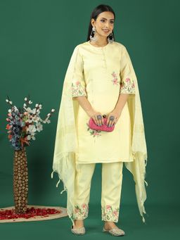 Ethnovog - Yellow Art Silk Embroidered Kurta With Pant And Dupatta (Set of 3)