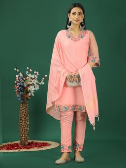 Ethnovog - Pink Organza Embroidered Kurta With Pant And Dupatta (Set of 3)