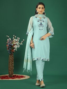 Ethnovog - Blue Organza Embroidered Kurta With Pant And Dupatta (Set of 3)