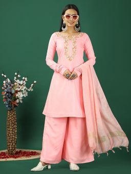 Ethnovog - Pink Art Silk Embroidered Straight Kurta With Palazzo And Dupatta (Set of 3)