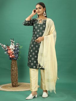 Ethnovog - Green Art Silk Embroidered Kurta With Pant And Dupatta (Set of 3)