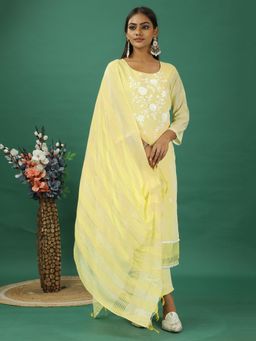 Ethnovog - Yellow Art Silk Kurta With Pant And Dupatta (Set of 3)