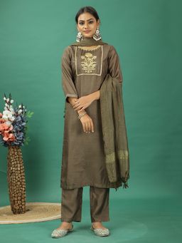 Ethnovog - Brown Art Silk Kurta With Pant And Dupatta (Set of 3)