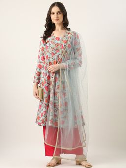Ethnovog - Blue Art Silk Printed Kurta With Palazzo And Dupatta (Set of 3)