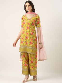 Ethnovog - Yellow Organza Embroidered Wide Leg Kurta With Palazzo And Dupatta (Set of 3)