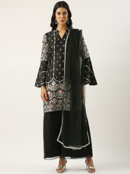 Ethnovog - Green Art Silk Embroidered Kurta With Palazzo And Dupatta (Set of 3)