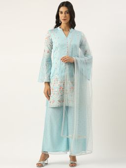 Ethnovog - Blue Art Silk Embroidered Kurta With Palazzo And Dupatta (Set of 3)