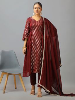 Ethnovog - Maroon Silk Embroidered Kurta With Pant And Dupatta (Set of 3)