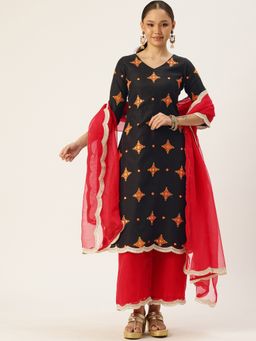 Ethnovog - Black Embroidered Cotton Wide Leg Kurta With Palazzo And Dupatta (Set of 3)