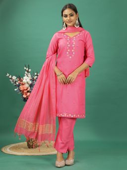 Ethnovog - Pink Rayon Embroidered Kurta With Pant And Dupatta (Set of 3)
