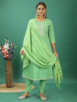 Ethnovog - Green Rayon Embroidered Narrow Kurta With Pant And Dupatta (Set of 3)