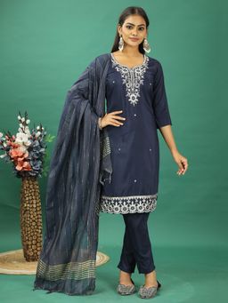 Ethnovog - Navy Blue Silk Embroidered Narrow Kurta With Pant And Dupatta (Set of 3)