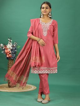 Ethnovog - Pink Silk Embroidered Narrow Kurta With Pant And Dupatta (Set of 3)