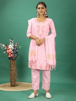 Ethnovog - Pink Rayon Embroidered Kurta With Pant And Dupatta (Set of 3)