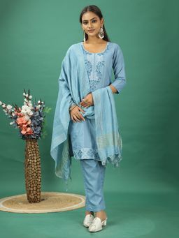 Ethnovog - Blue Rayon Embroidered Kurta With Pant And Dupatta (Set of 3)