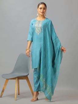 Ethnovog - Blue Art Silk Embroidered Kurta With Pant And Dupatta (Set of 3)