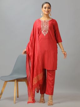Ethnovog - Red Art Silk Embroidered Kurta With Pant And Dupatta (Set of 3)
