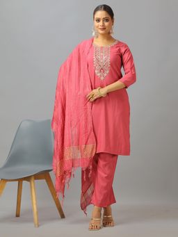 Ethnovog - Pink Art Silk Embroidered Kurta With Pant And Dupatta (Set of 3)