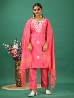 Ethnovog - Pink Rayon Embroidered Kurta With Pant And Dupatta (Set of 3)