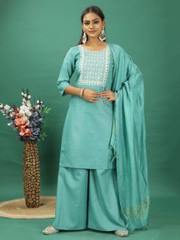 Ethnovog - Green Rayon Embroidered Kurta With Palazzo And Dupatta (Set of 3)