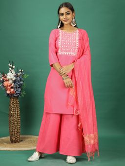 Ethnovog - Peach Rayon Embroidered Kurta With Palazzo And Dupatta (Set of 3)