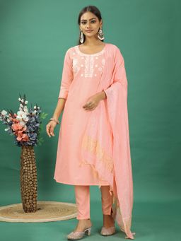 Ethnovog - Peach Rayon Embroidered Narrow Kurta With Pant And Dupatta (Set of 3)