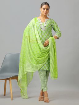 Ethnovog - Green Cotton Printed Narrow Kurta With Pant And Dupatta (Set of 3)