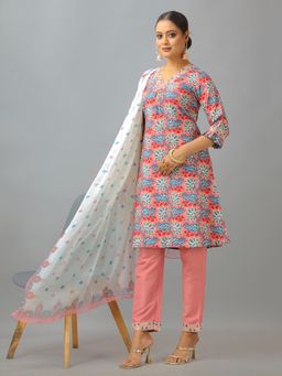 Ethnovog - Multicolored Semi Cotton Printed Kurta With Pant And Dupatta (Set of 3)