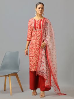 Ethnovog - Red Semi Cotton Printed Wide Leg Kurta With Palazzo And Dupatta (Set of 3)