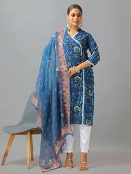 Ethnovog - Blue Art Silk Cotton Kurta With Pant And Dupatta (Set of 3)