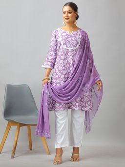Ethnovog - Lavender Art Silk Cotton Kurta With Pant And Dupatta (Set of 3)