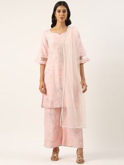 Ethnovog - Pink Georgette Embroidered Wide Leg Kurta With Palazzo And Dupatta (Set of 3)
