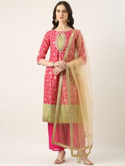 Ethnovog - Pink Art Silk Wide Leg Kurta With Palazzo And Dupatta (Set of 3)