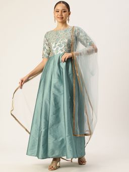 Ethnovog - Blue Embroidered Net Anarkali Kurta With Pant And Dupatta (Set of 3)